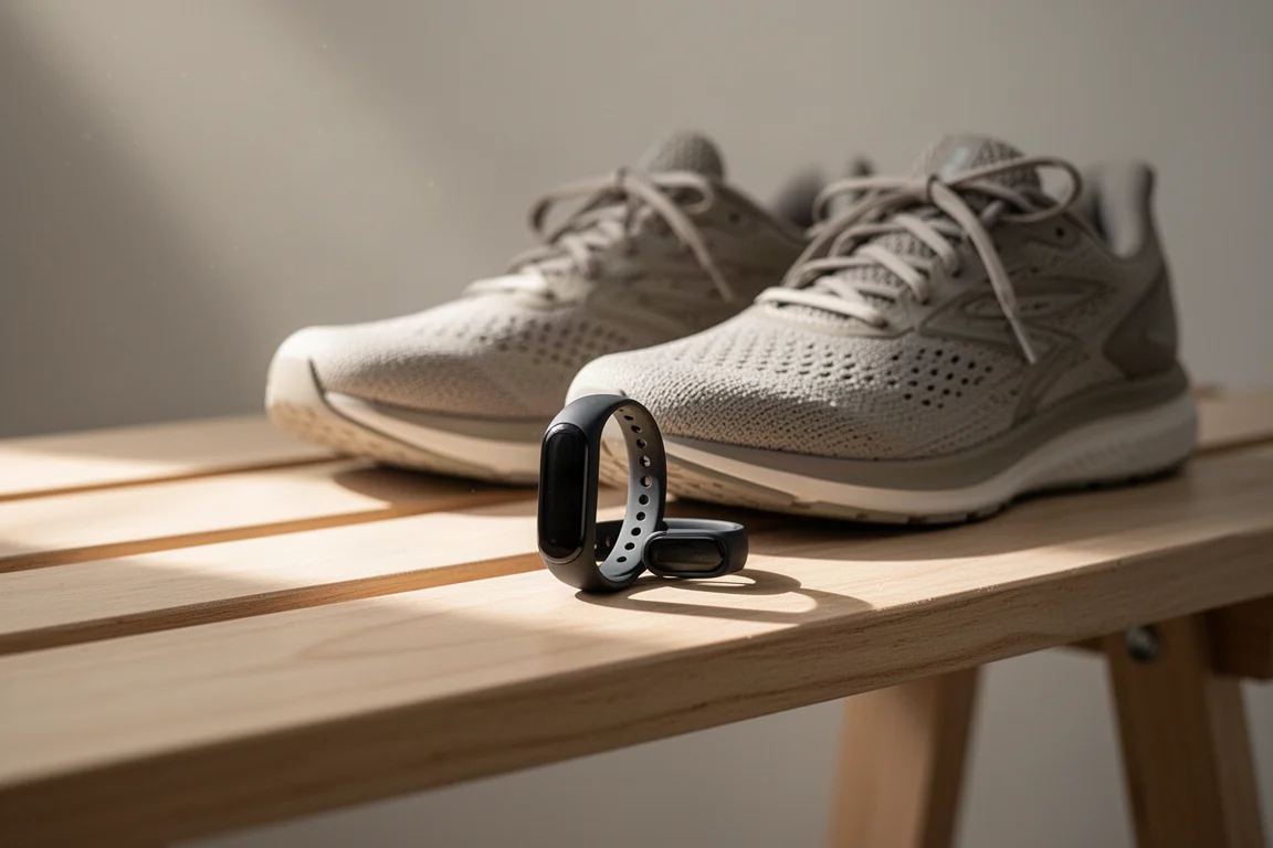 Screenless tracker resting beside running shoes on a gym bench