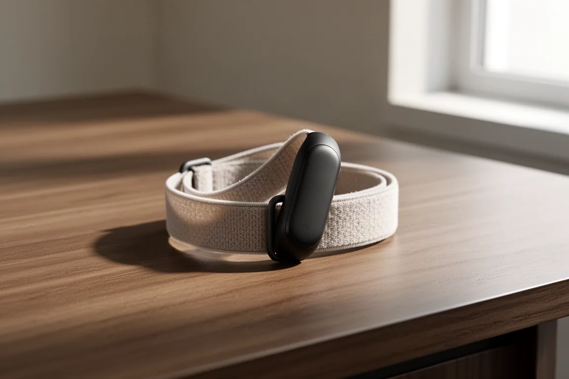 Slim screenless Google Fitbit Air tracker band coiled on a wooden desk