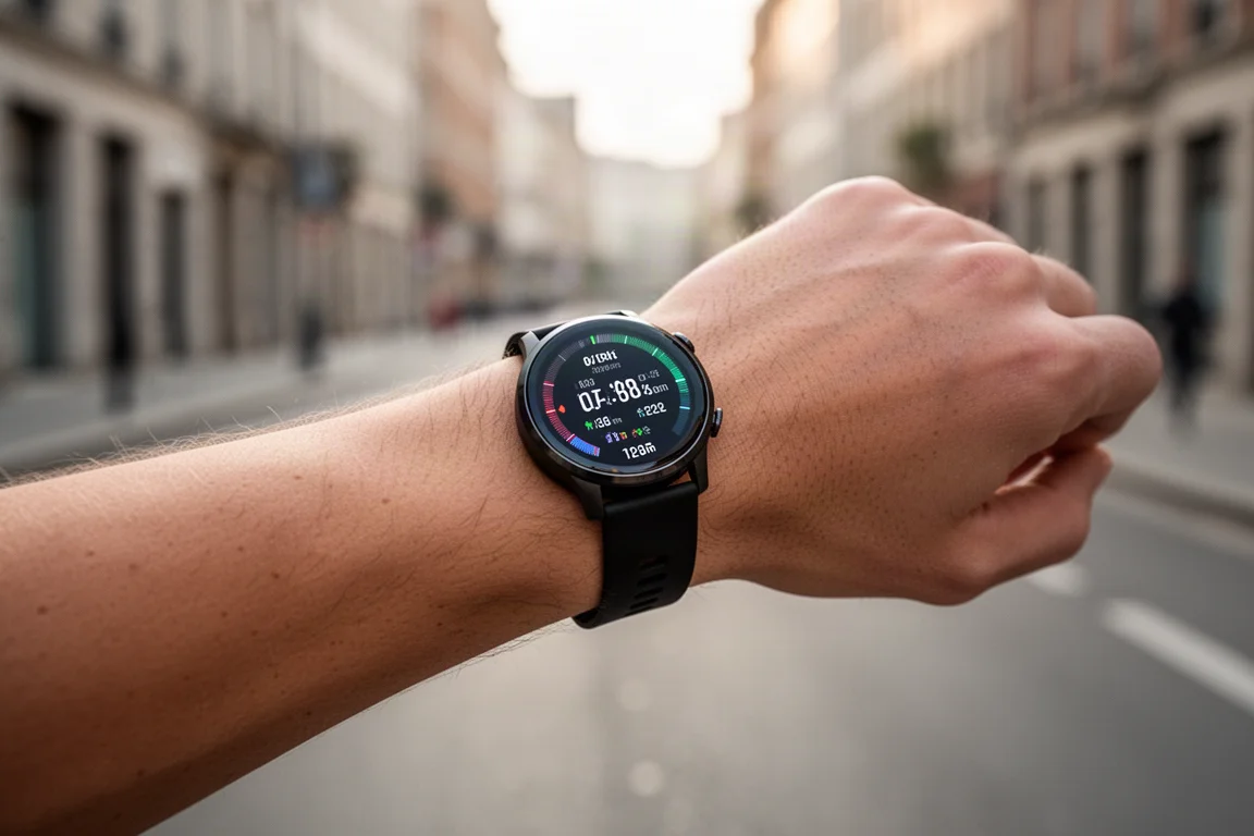 Runner checking a smartwatch on a quiet city street in morning light
