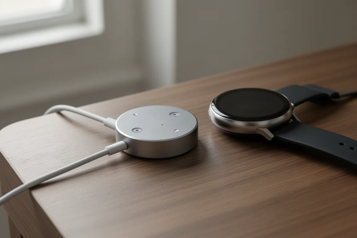 Smartwatch charging puck with pins placed on a wooden desk