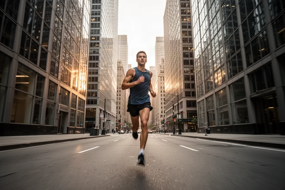 Runner training through a dense downtown area with tall buildings