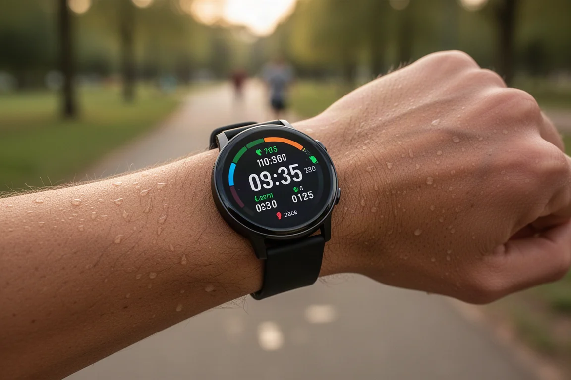Runner's wrist showing a workout data screen during an interval session