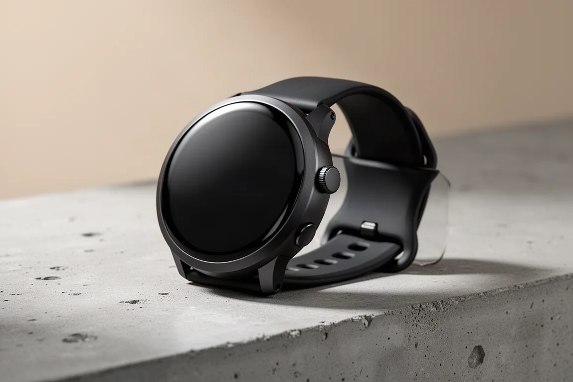 Smartwatch nero tondo con cinturino sportivo su una superficie in cemento