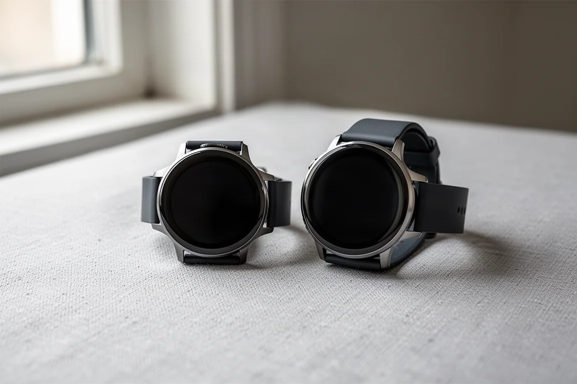 Dois tamanhos de smartwatch lado a lado em um pulso e sobre uma mesa