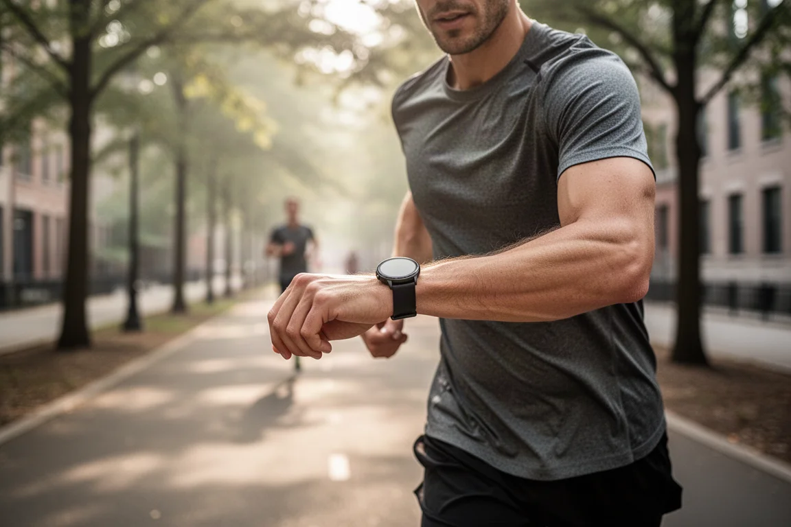 Corredor conferindo um smartwatch durante um treino intervalado em uma via urbana