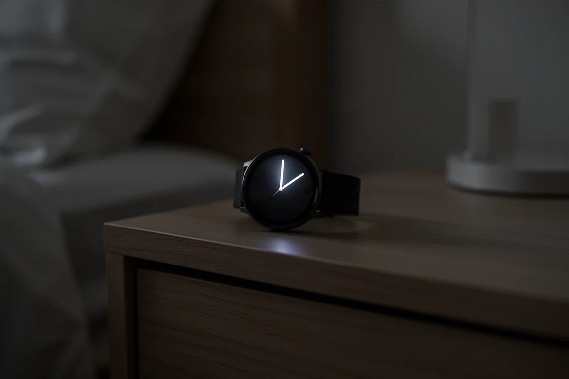 Tela de smartwatch exibindo o modo always-on escurecido em um quarto escuro