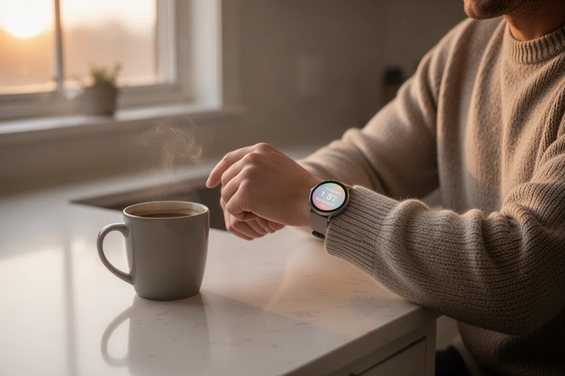 Pessoa olhando o resumo matinal no smartwatch com café ao amanhecer