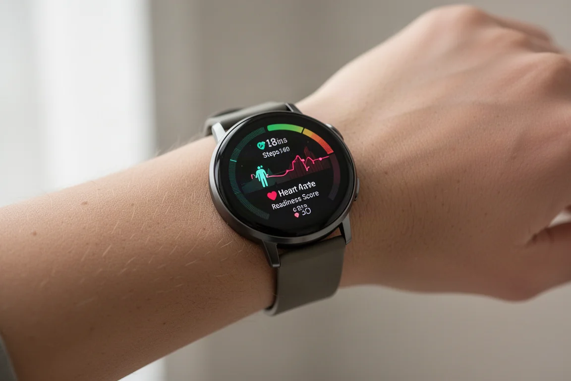 Polso con uno smartwatch rotondo che mostra le metriche fitness giornaliere su uno schermo luminoso