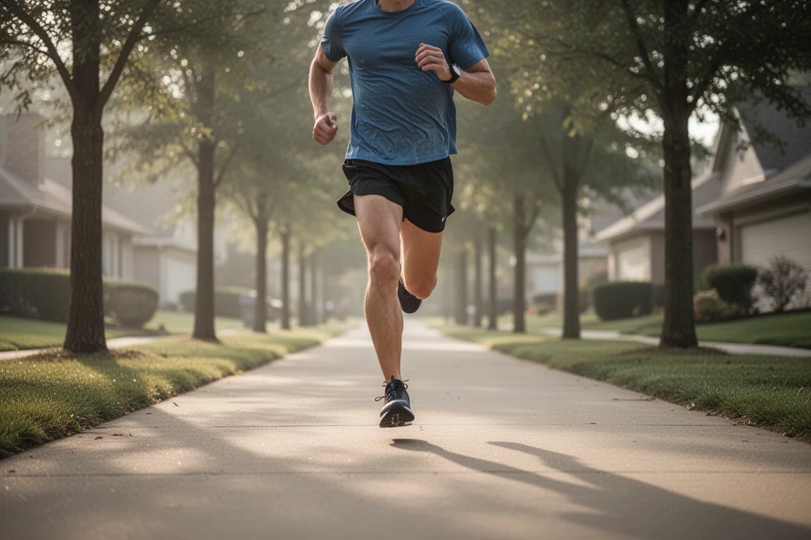 Runner che effettua un allenamento a intervalli su una strada suburbana alberata nella morbida luce del mattino