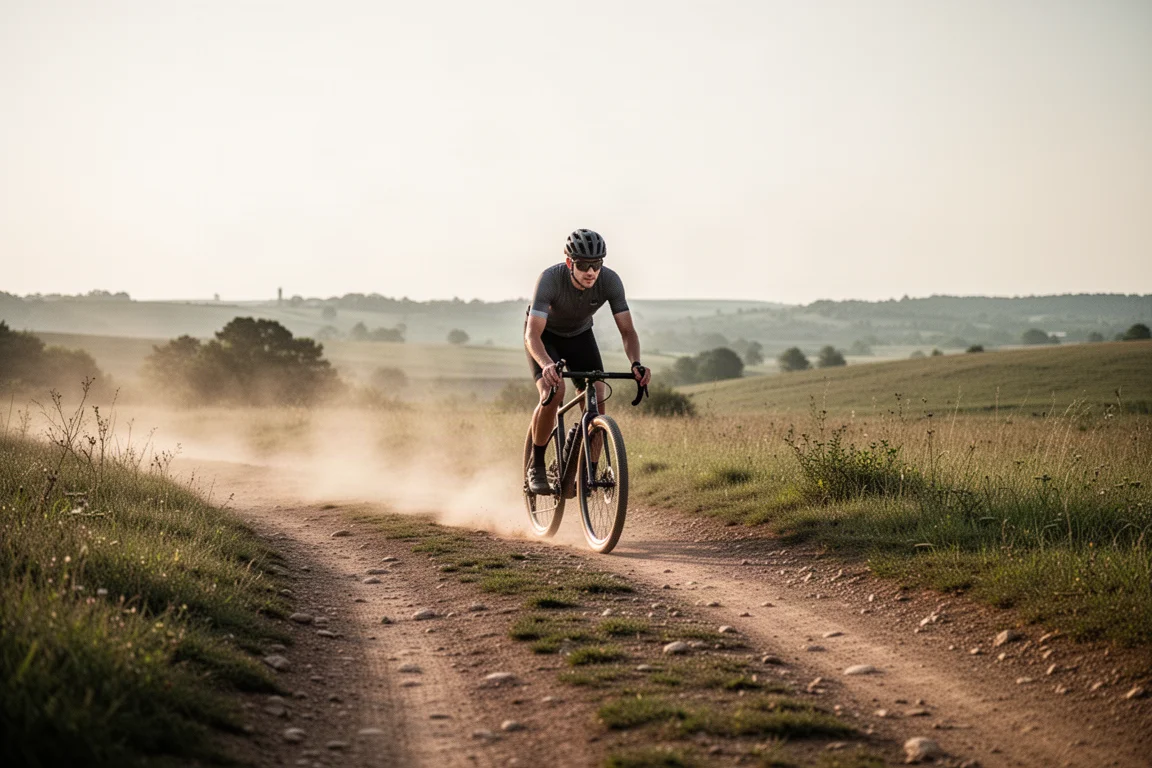 Ciclista in sella a una gravel bike su un sentiero sterrato irregolare tra campagne aperte