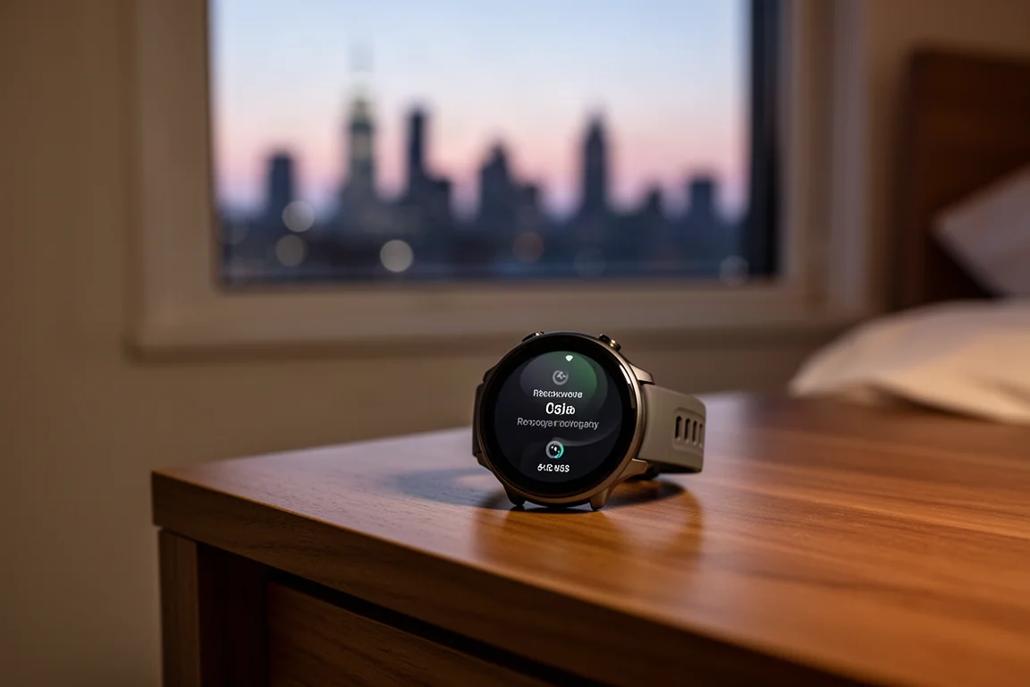 Smartwatch su un comodino al crepuscolo con lo skyline cittadino sfocato sullo sfondo