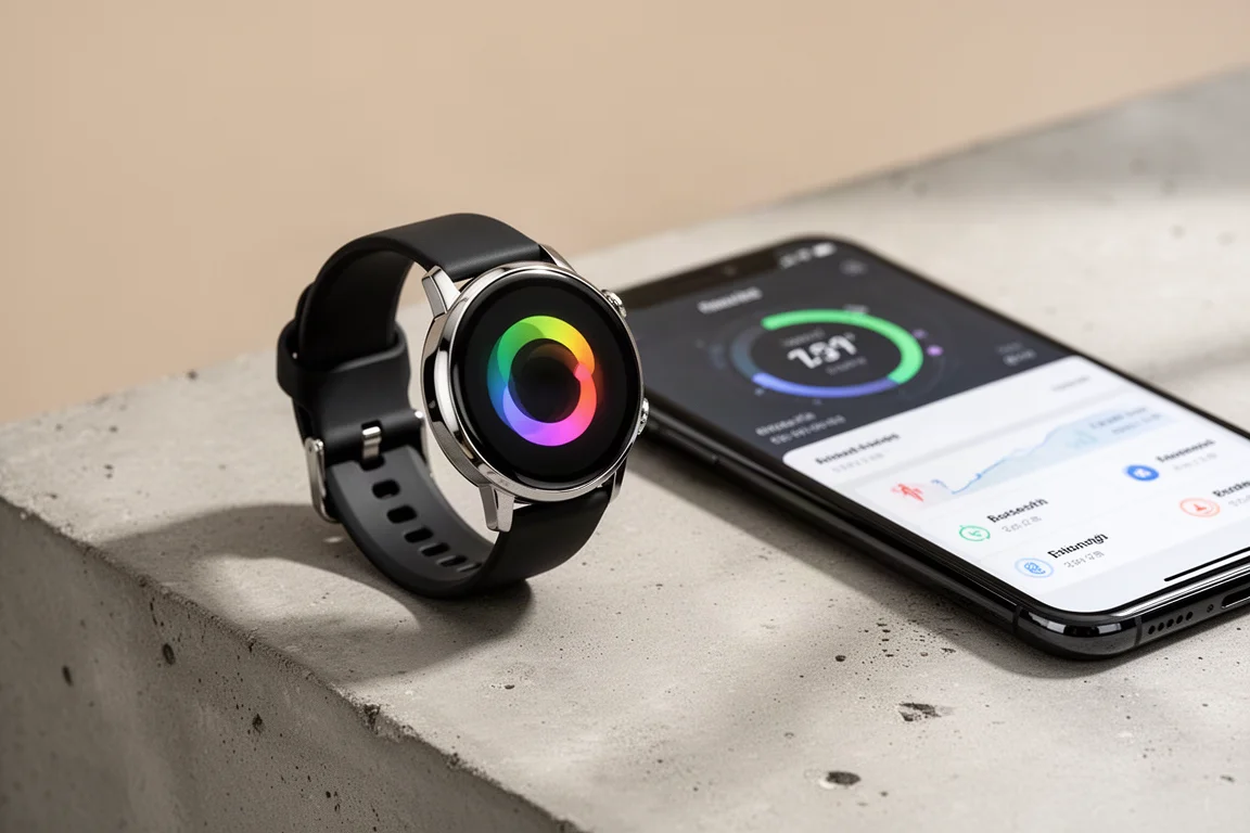 Smartwatch rotondo con cinturino sportivo nero su una superficie in cemento accanto a uno smartphone