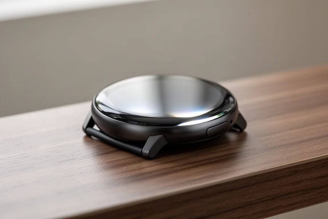 Round smartwatch with domed display glowing on a wooden desk in soft light