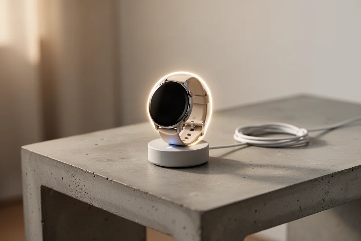 Smartwatch on a charging dock in a softly lit modern interior