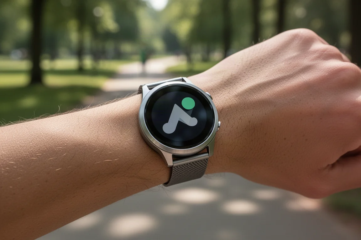 Wrist-worn smartwatch showing a workout tracking screen outdoors