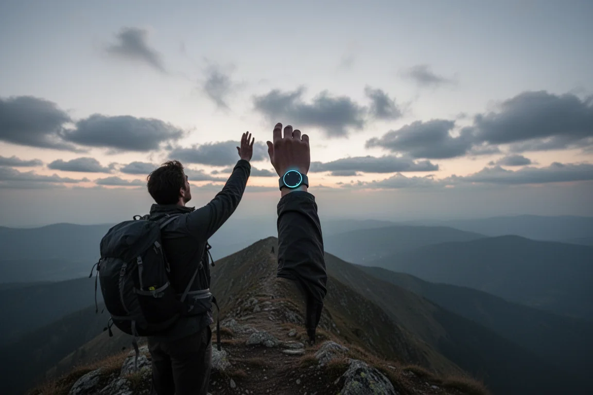 Person raising a wrist toward an open sky on a mountain ridge
