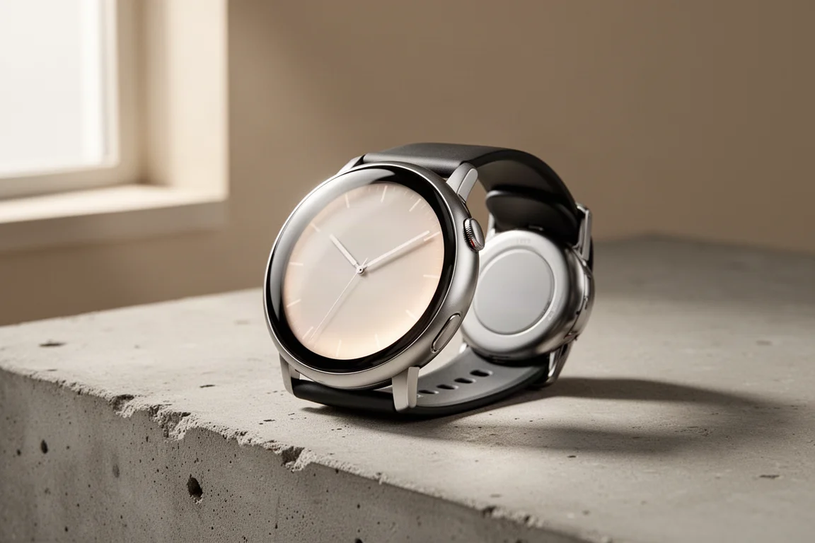 Google Pixel Watch 4 smartwatch with domed display on concrete surface