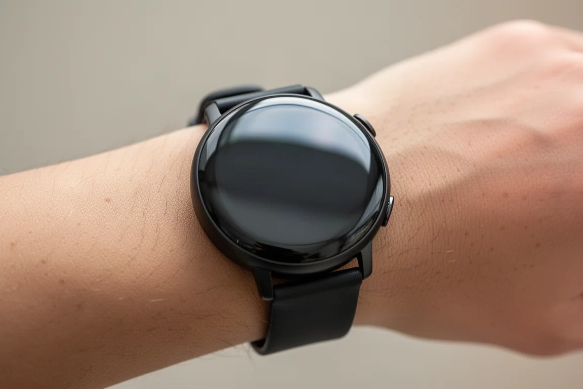 Smartwatch-Display mit hellem Zifferblatt im Freien bei Tageslicht