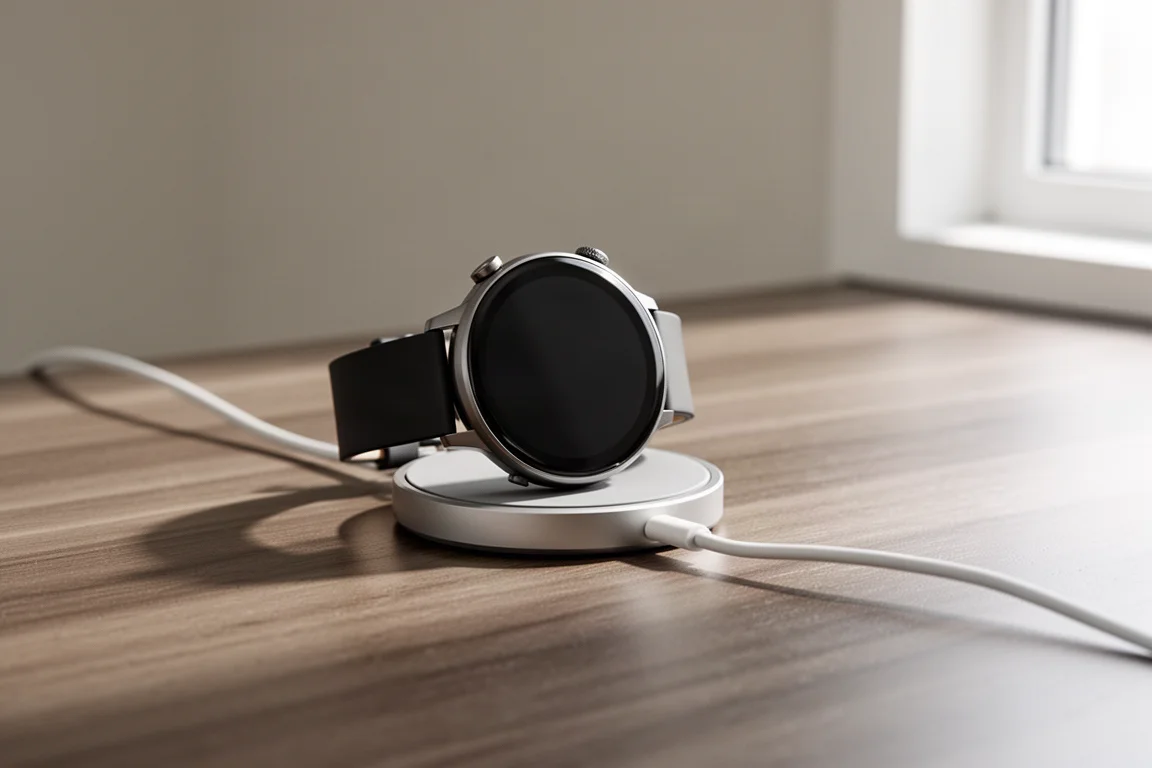 Smartwatch auf einer Ladedock mit fest angeschlossenem Kabel