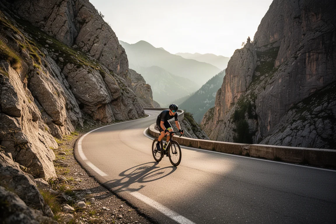 Radfahrer auf einer Bergstraße mit Serpentinen, umgeben von felsigen Klippen