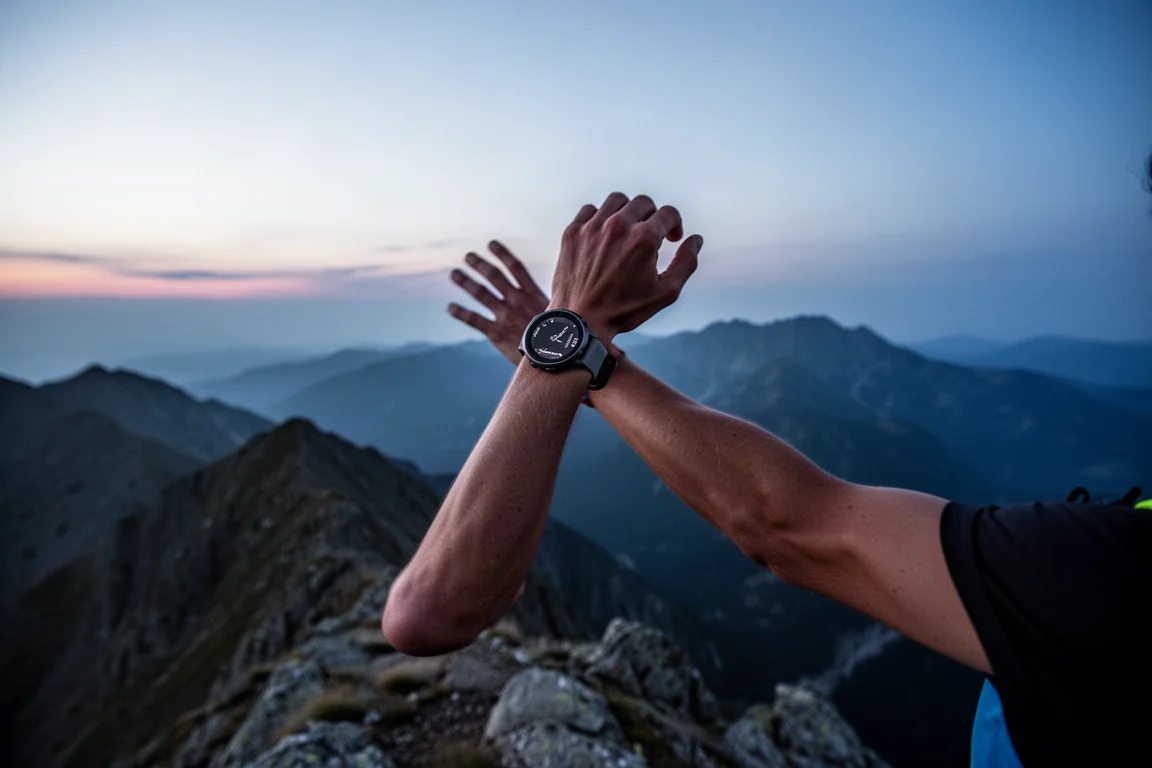 Trailrunner mit einer Uhr am Handgelenk unter offenem Himmel in den Bergen