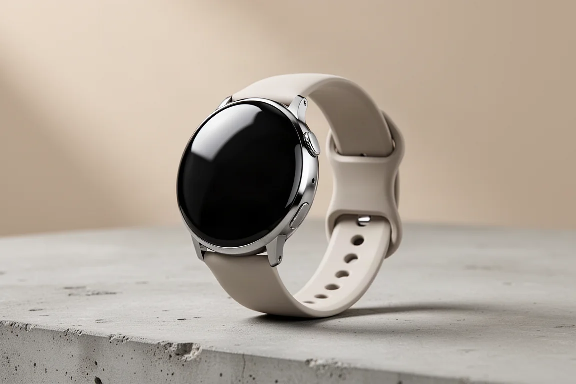 Smartwatch rotondo con display curvo a bombatura su una superficie di cemento