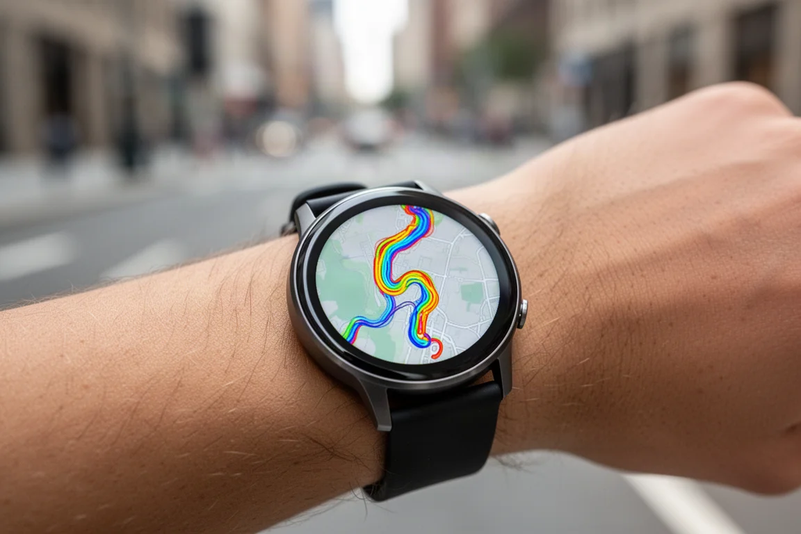 Reloj inteligente en una muñeca mostrando la ruta de una carrera registrada