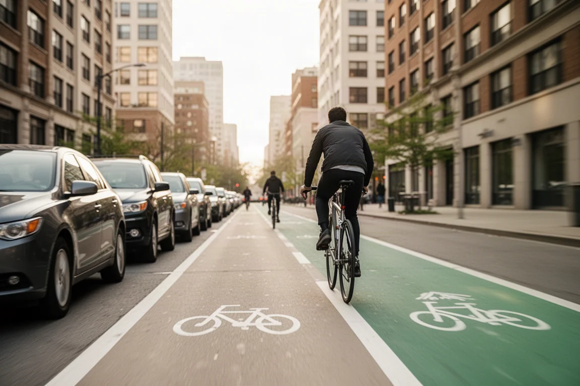 Ciclista pedaleando en un carril bici entre coches aparcados y edificios