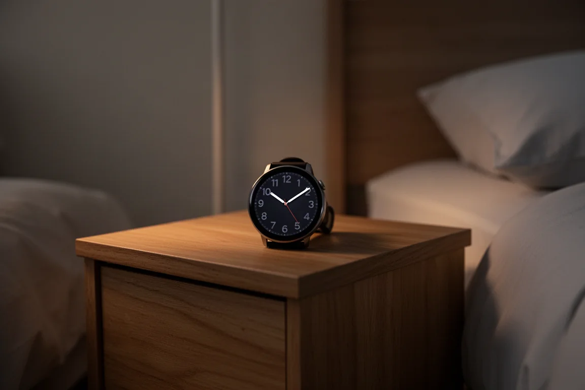 Reloj inteligente en una mesilla de noche brillando suavemente en modo nocturno