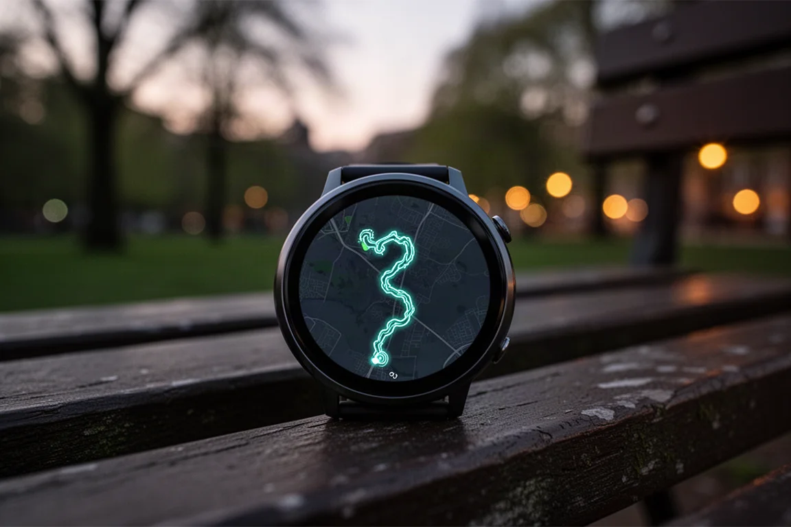 Display di uno smartwatch con quadrante per il sonno in tema scuro accanto a una scena notturna a lume di comodino