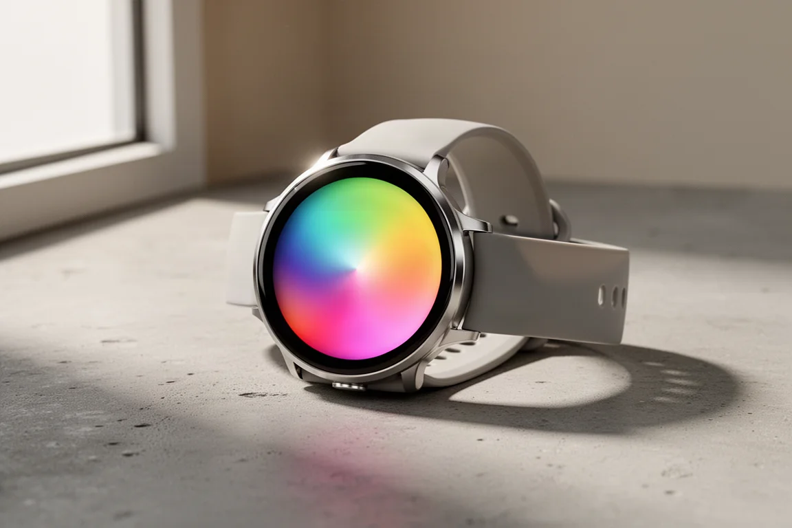 Round smartwatch with aluminium case and silicone band on a concrete surface