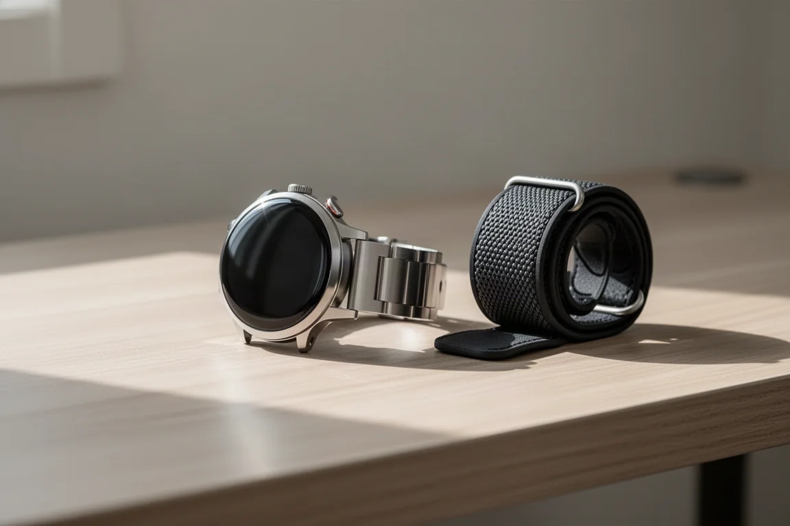 Round smartwatch with domed glass and sport band on a minimalist desk