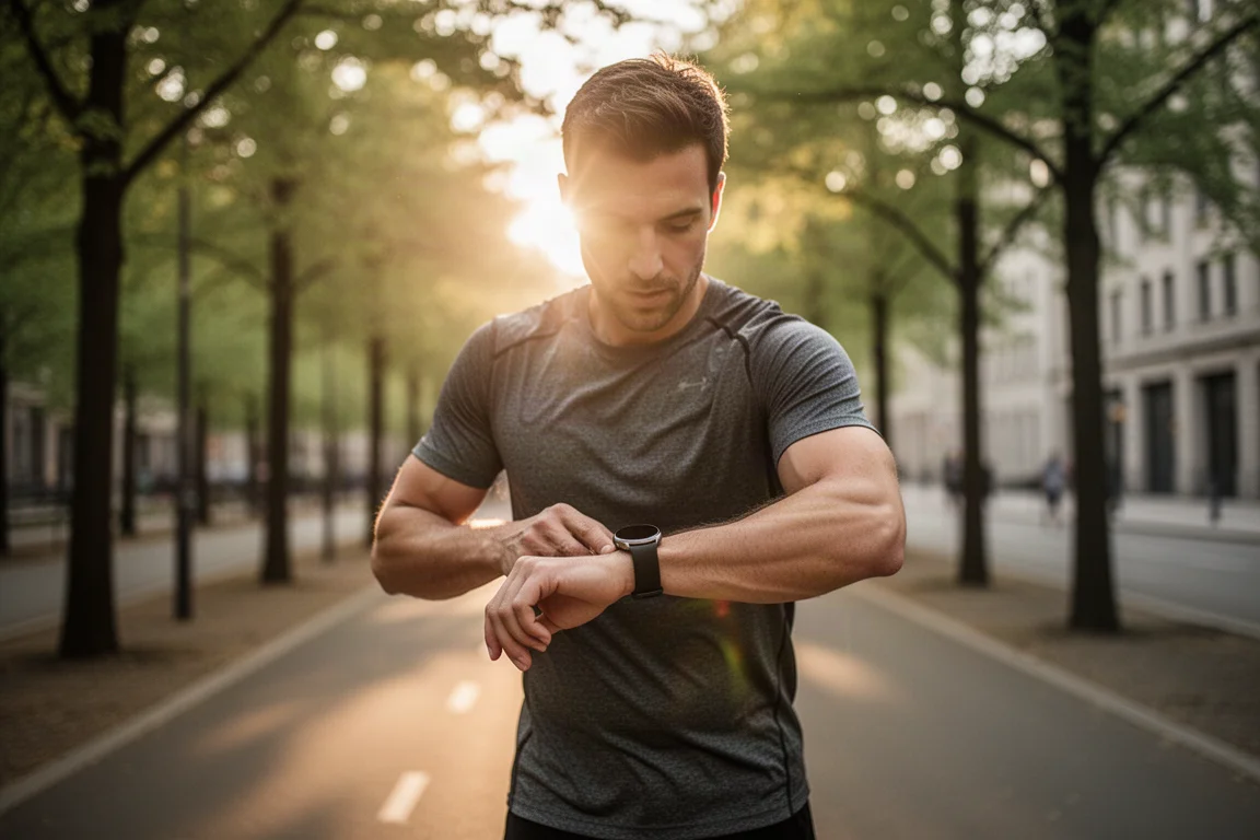 Runner checking a smartwatch during an outdoor workout on a city path