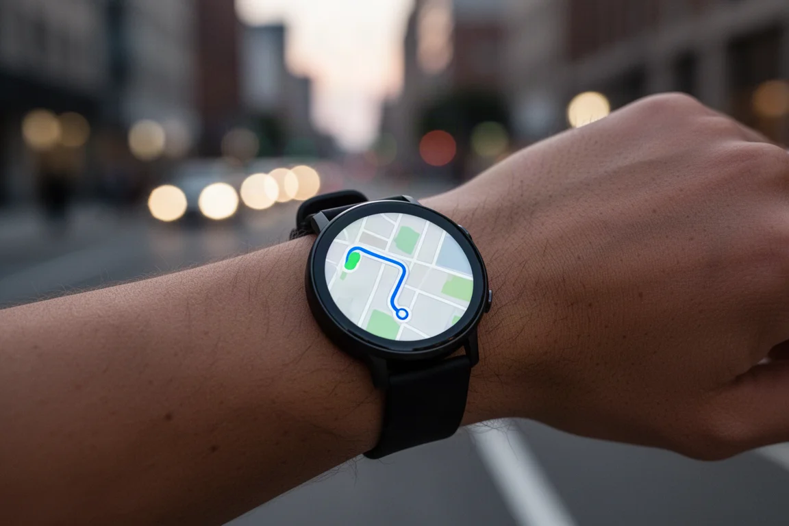 Smartwatch screen showing a city navigation route during a walk