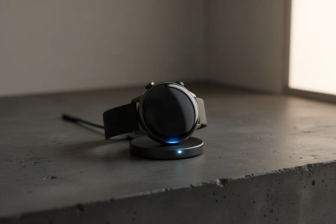 Smartwatch on a charging puck with a soft glow in a dim room