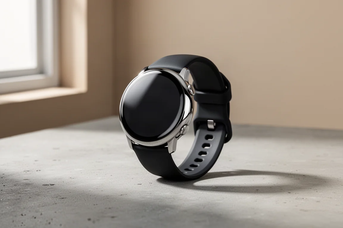 Smartwatch rotondo con vetro bombato e cinturino sport nero su una superficie in cemento