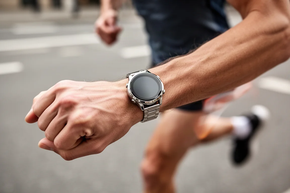 Corridore che controlla il quadrante tondo di uno smartwatch sul polso alla luce del giorno