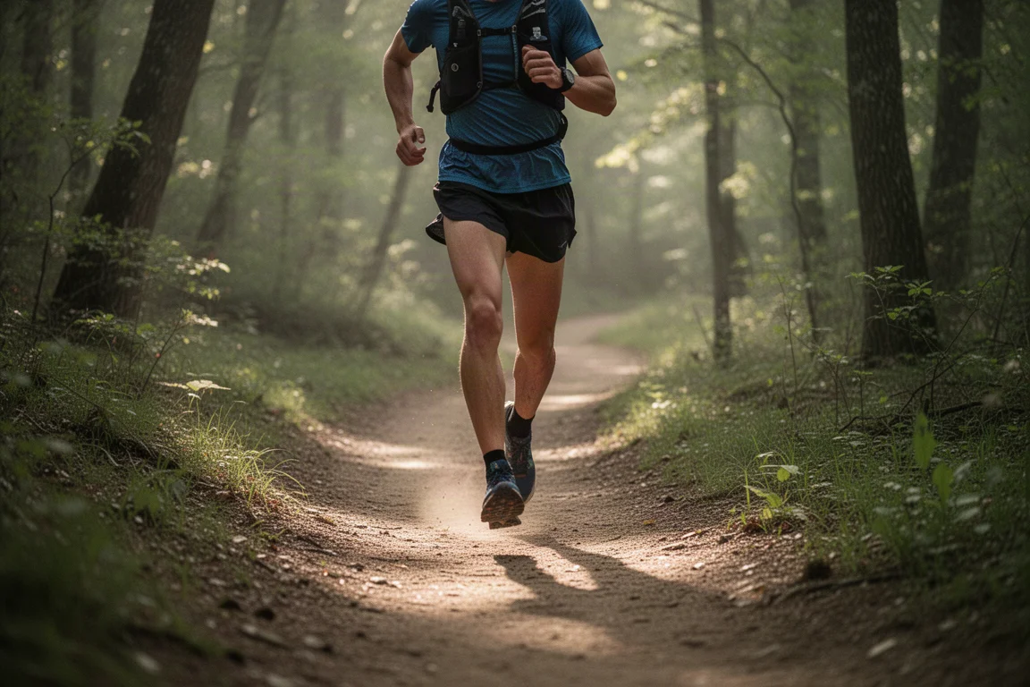 Atleta che corre su un sentiero fangoso che serpeggia tra gli alberi