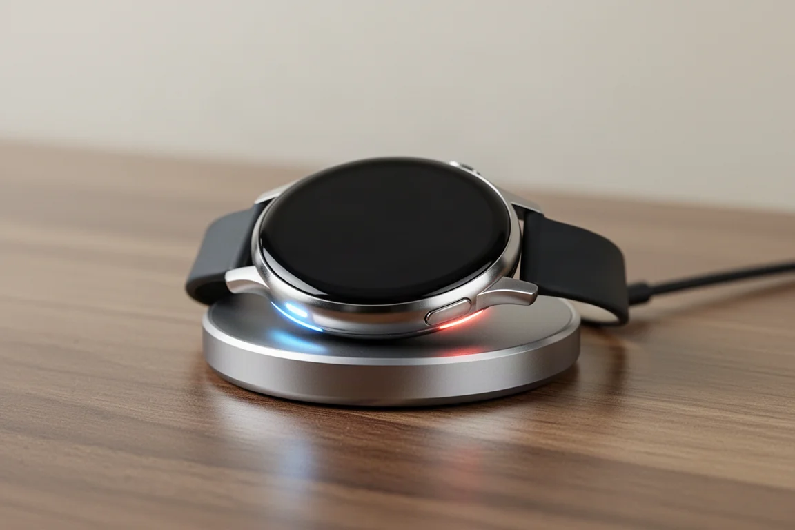 Smartwatch appoggiato su un caricatore a disco con spia luminosa