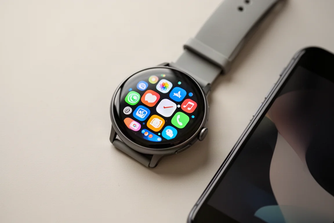 Persona che sfoglia i tile delle app sul display tondo di uno smartwatch