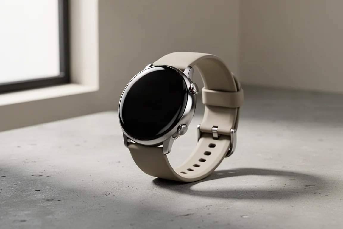 Round stainless steel smartwatch with domed glass face on concrete surface