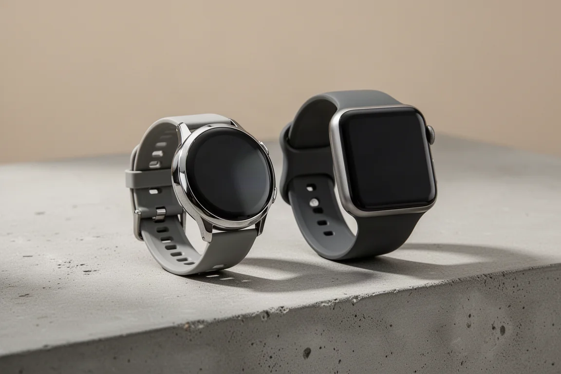 Google Pixel Watch e Fitbit Sense 2 affiancate su una superficie di cemento