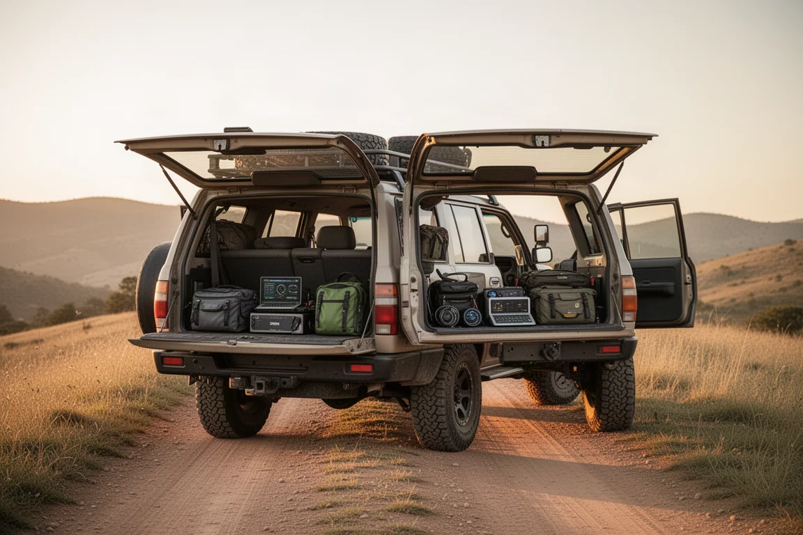 Overlanding-Fahrzeug in der goldenen Stunde auf einer Schotterpiste geparkt, Ausrüstung auf der Ladekante arrangiert