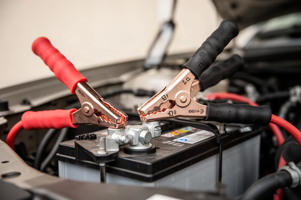 Schwere Starthilfe-Zangen an einer Autobatterie angeschlossen, Polaritätsanzeige sichtbar