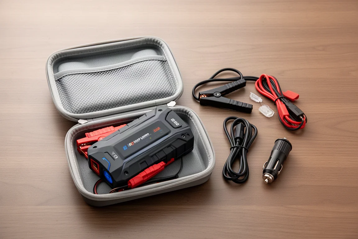 Polsternde Reißverschlusstasche auf einer Holzoberfläche geöffnet, Jump Starter und Zubehör ausgelegt