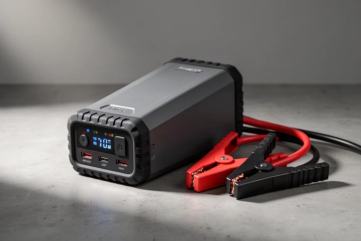 Portable lithium jump starter with jumper clamps on a matte concrete surface