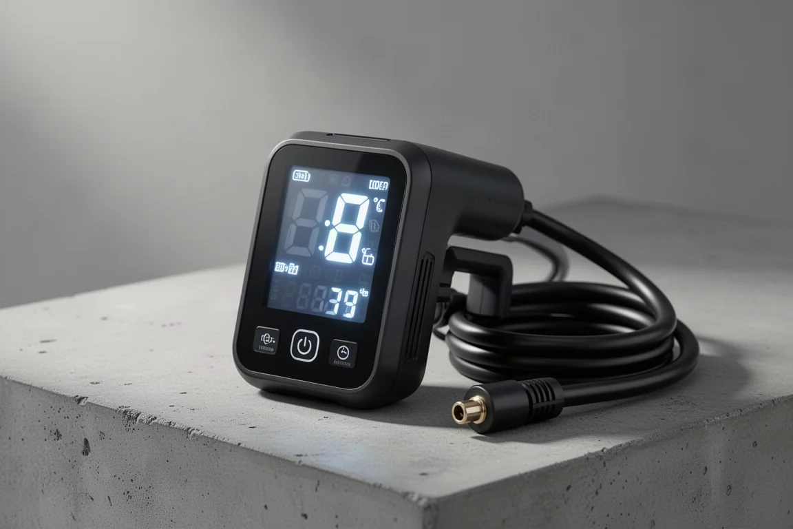 Compact cordless inflator displaying the pressure reading on a digital screen