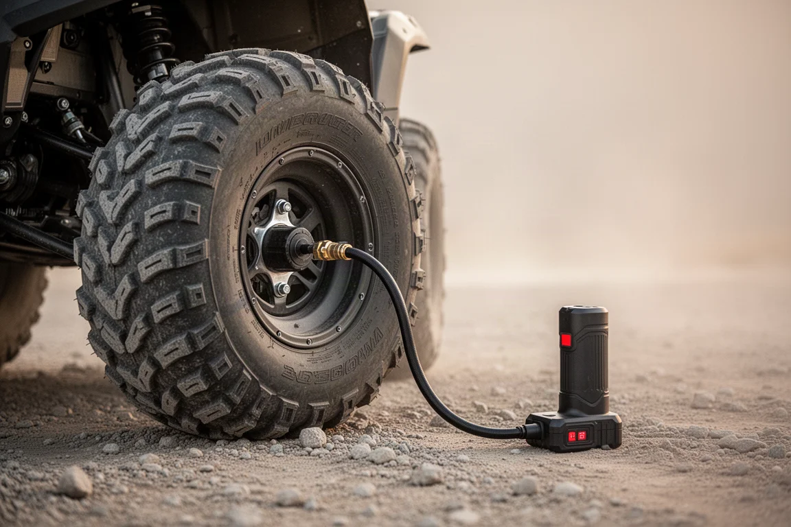 Inflator hose attached to a small ATV tire on gravel ground