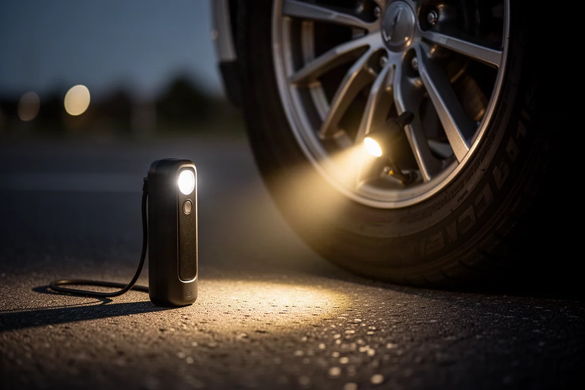 Bright LED light on the front of an inflator illuminating a dark tire at night