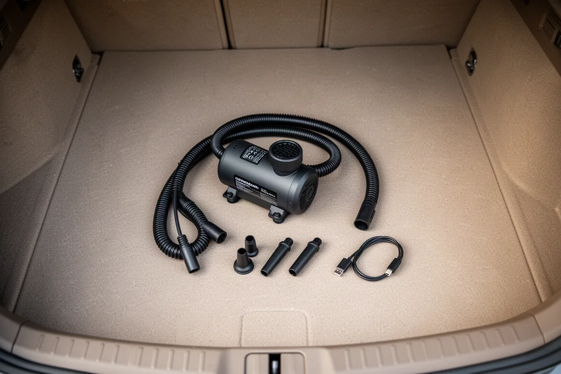 Overhead flat-lay of inflator, hose, and accessories on a car trunk floor